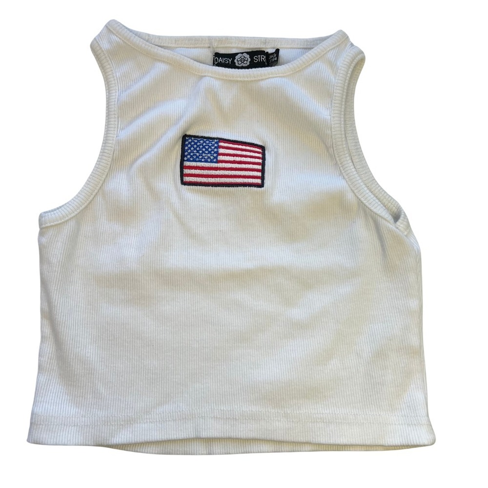 Daisy Street Women's Juniors Ribbed White Crop Tank Top USA Flag Patch Size‎ 2
